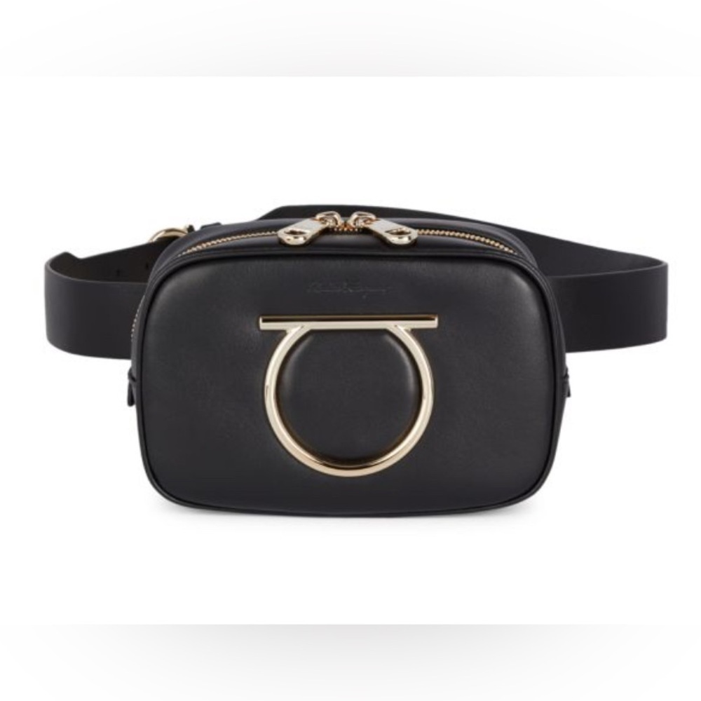 Salvatore Ferragamo Black Leather and Goldtone Logo Belt Bag